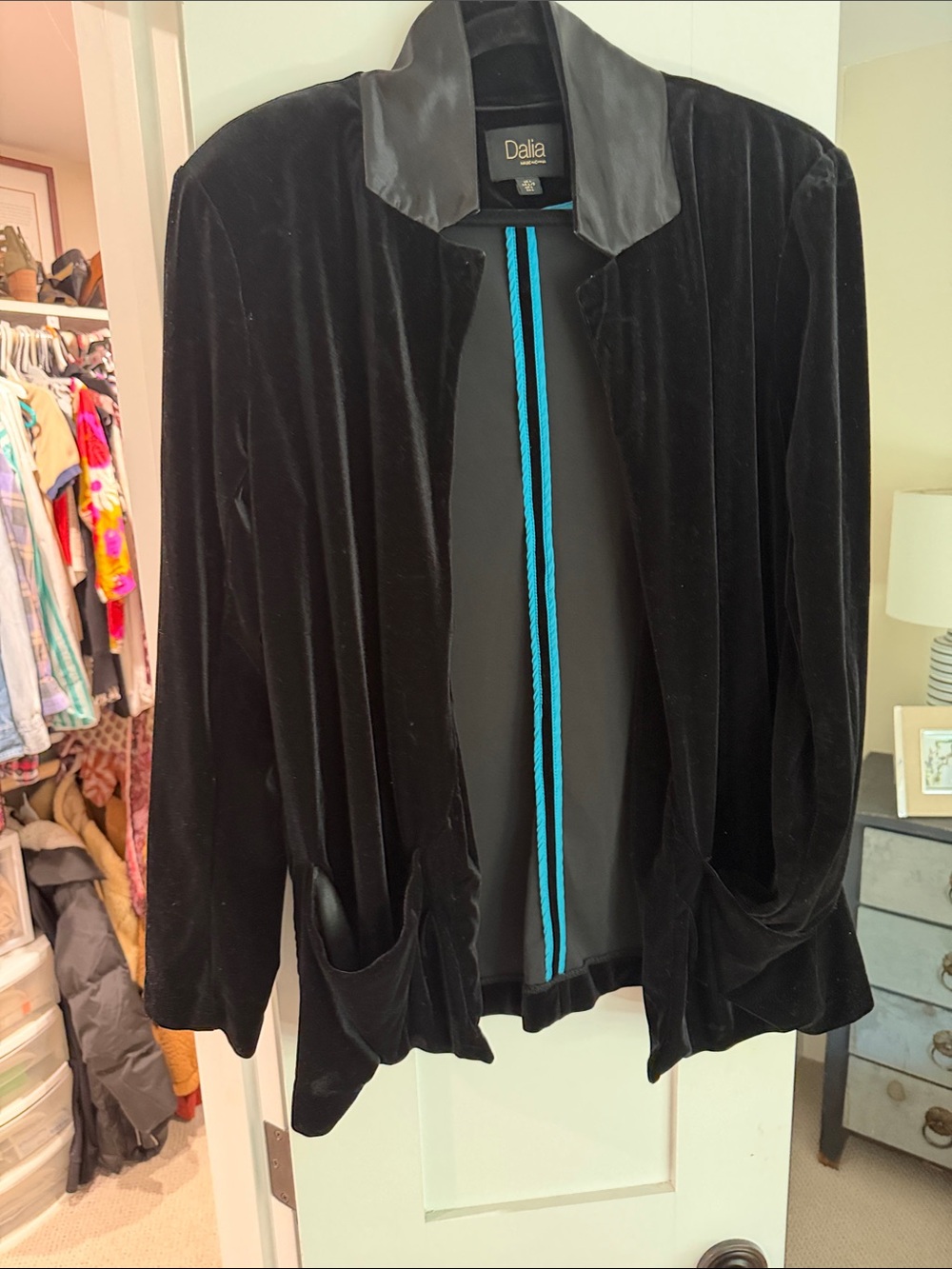 Dalia Black Velvet Open-Front Blazer with Faux Leather Collar
